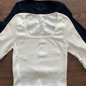 Pink Rose Ribbed Long Sleeve Tees in White and Black